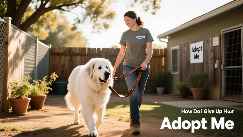 A volunteer gently walking a Great Pyrenees on leash in a sunny, fenced outdoor area at a rescue facility