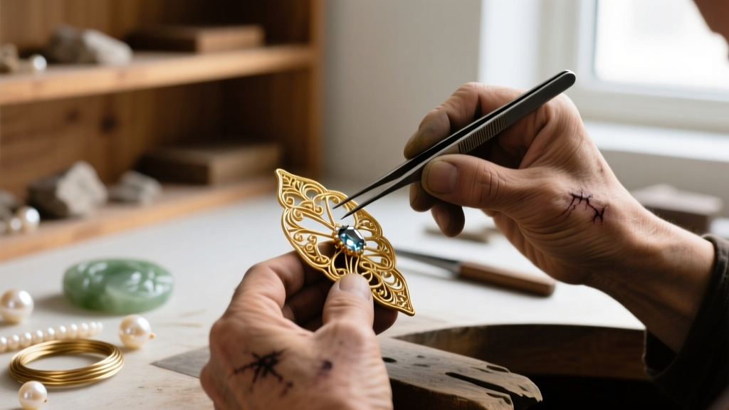 Close-up of a jewelry artisan's workbench showing a brass cross pendant being carefully filled with crushed vitreous enamel frit.