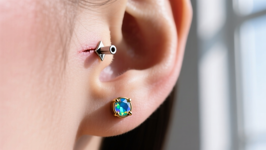 Close-up of a healed tragus piercing with a minimalist 16-gauge titanium flat-back labret stud and a small bezel-set opal gemstone.