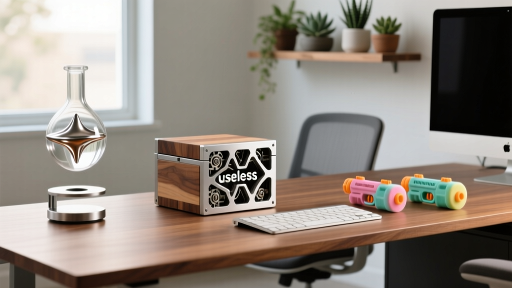 Modern 2026 home office desk featuring a wooden useless box, magnetic ferrofluid bottle, and foam dart blasters by a keyboard.
