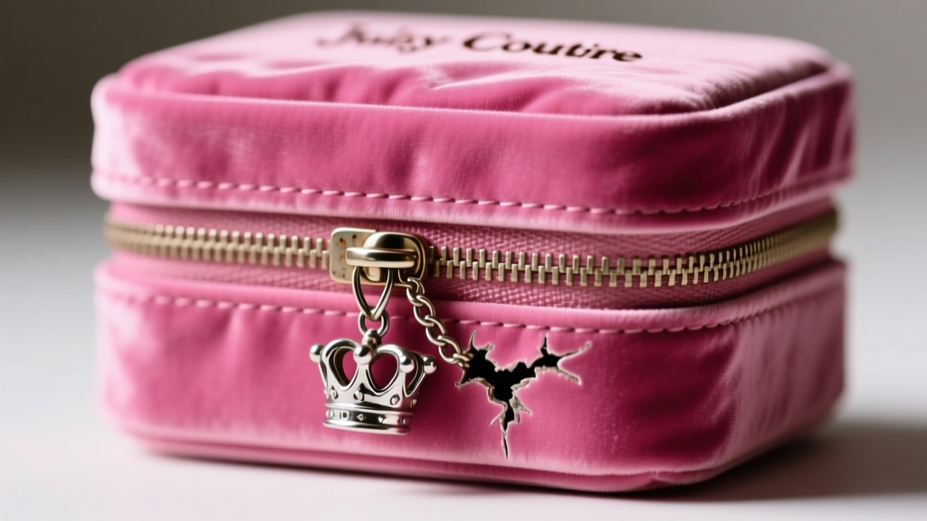 Close-up of a pink velvet Juicy Couture jewelry box with a tarnished silver-tone crown charm dangling from a broken zipper pull