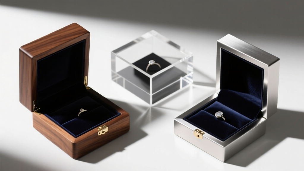 Top-down view of walnut, acrylic, and metal jewelry boxes showing varying wall thicknesses and dark velvet interiors.
