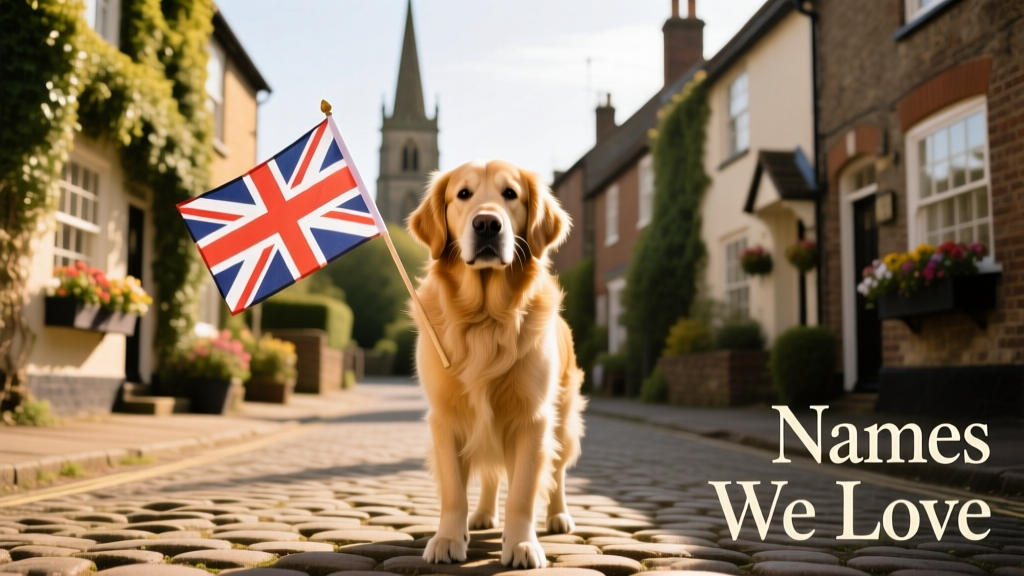 Golden Retriever holding a British flag in their mouth