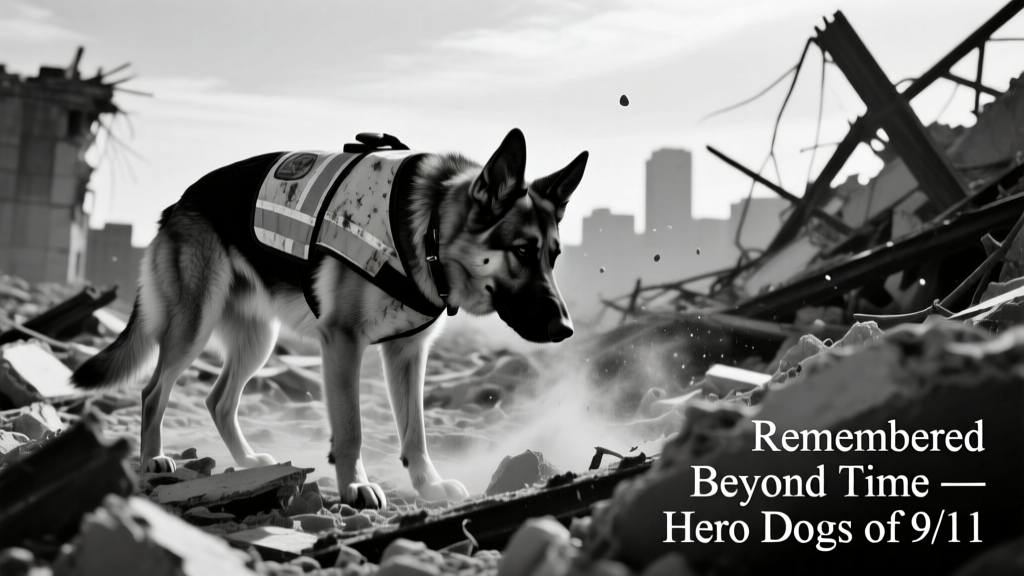 A solemn black-and-white photo of a German Shepherd working at Ground Zero, wearing a reflective vest and searching amid rubble