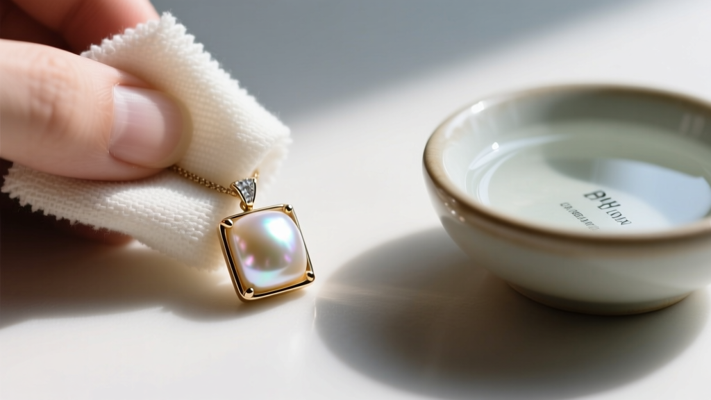 Hands wiping a square-cut freshwater pearl pendant with a microfiber cloth next to a small bowl of pH-neutral jewelry cleaner.