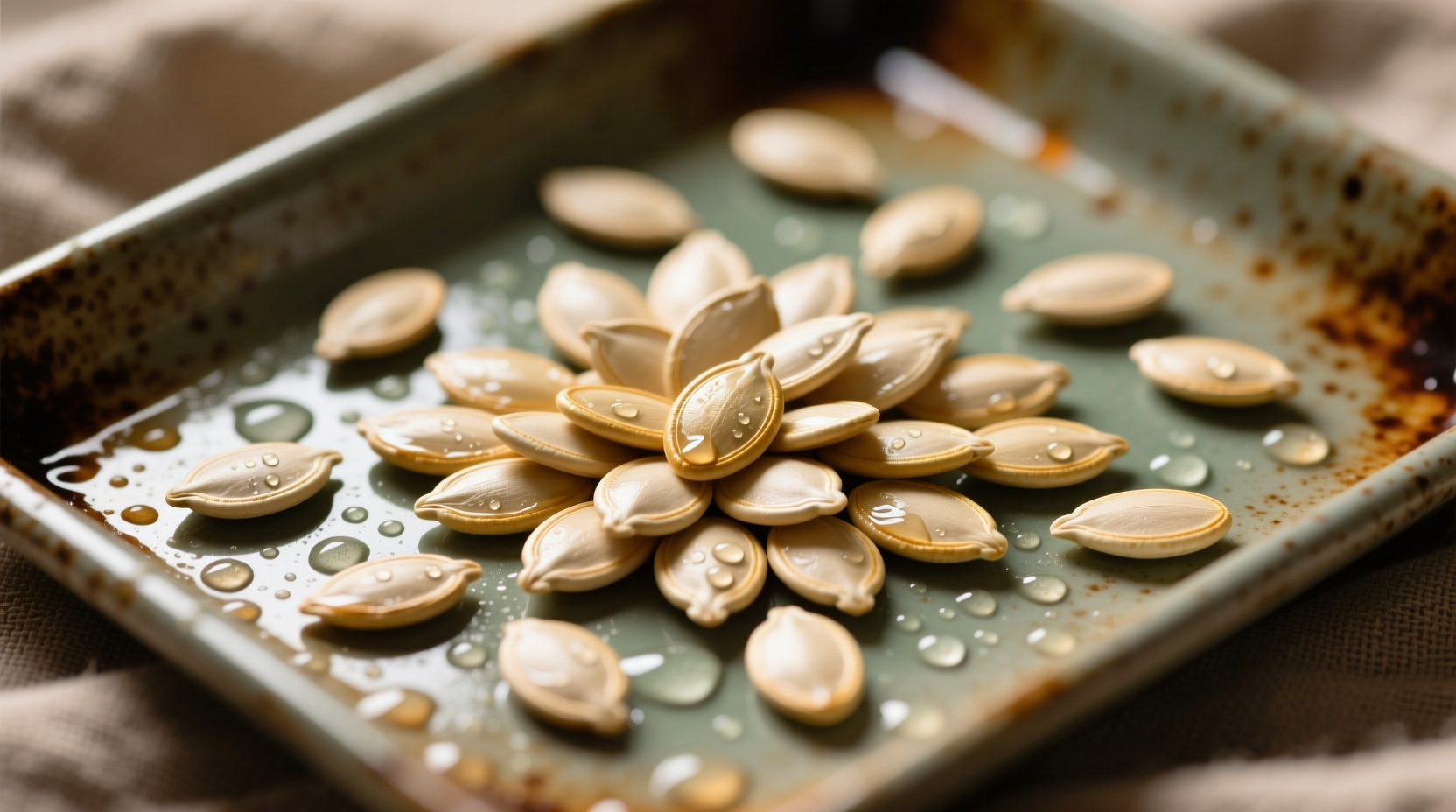 Freshly cleaned pumpkin seeds on baking sheet