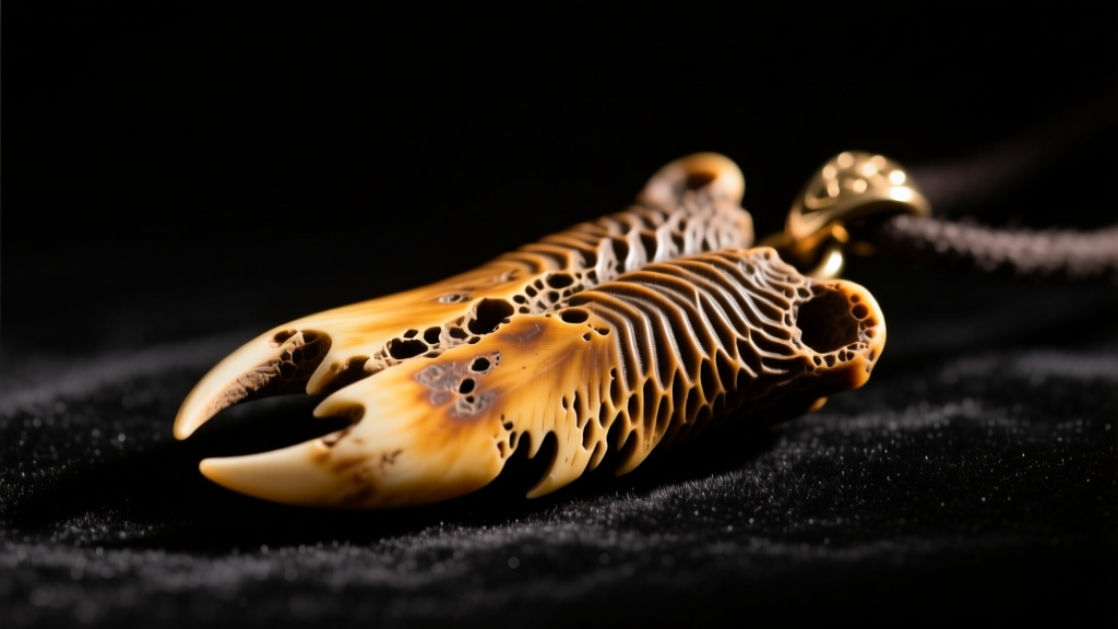 Close-up of the porous keratin ridges on a genuine antique bear claw pendant illuminated by a single directional warm studio light.
