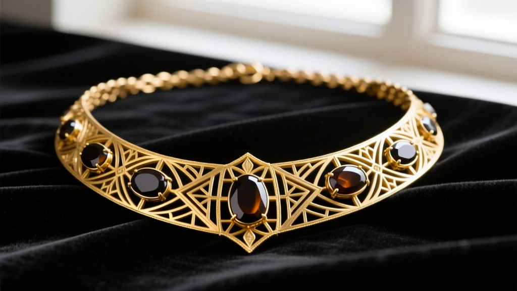 Authentic 1920s art deco gold necklace featuring die-struck filigree, onyx cabochons, and a geometric pendant on black velvet.