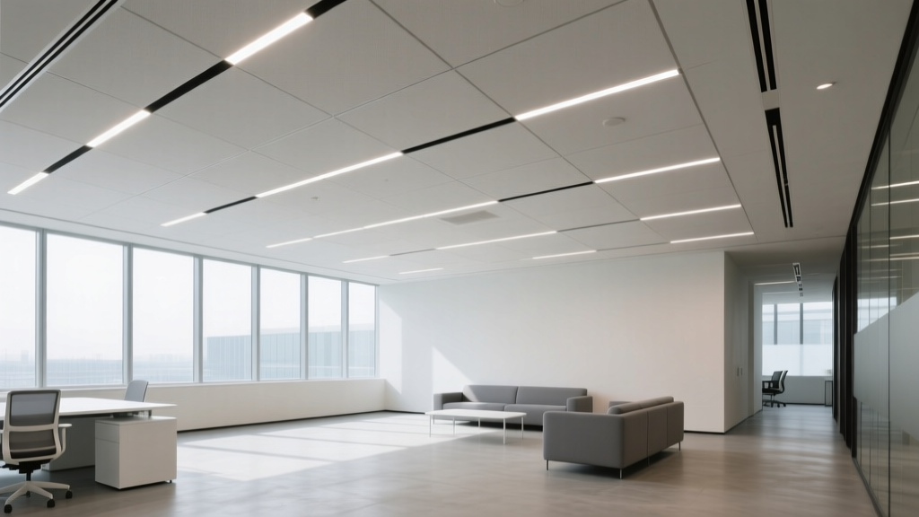Modern office featuring a suspended gypsum board false ceiling with recessed LED panels and seamless concealed joints