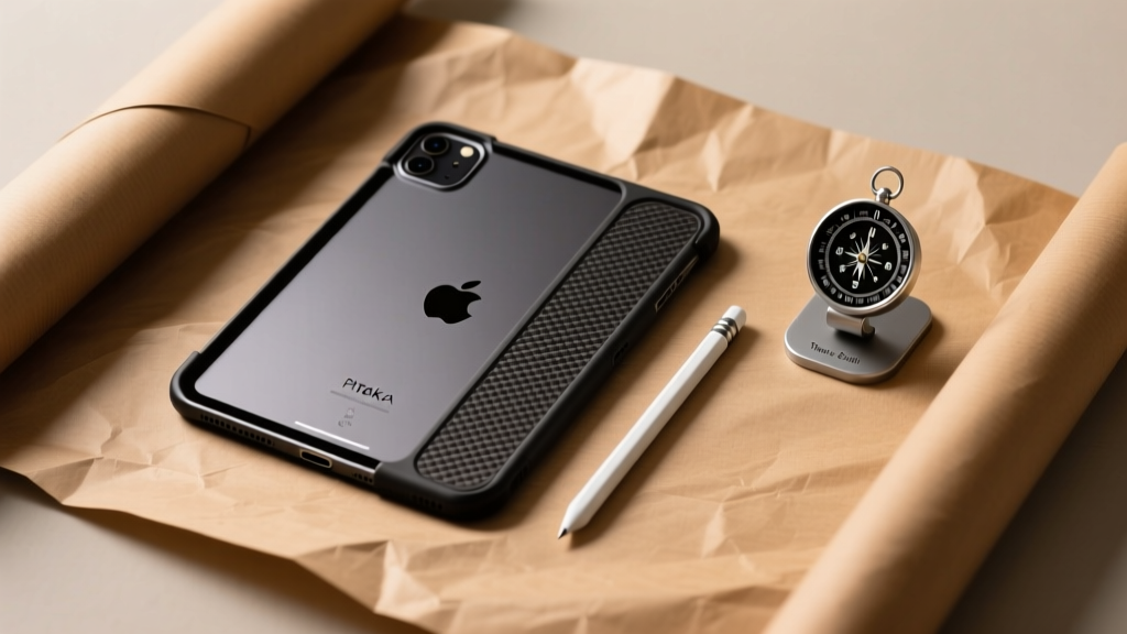 Flat lay gift wrapping scene featuring an iPad Pro with Pitaka aramid fiber case, Apple Pencil Pro, and a Twelve South Compass stand on kraft paper