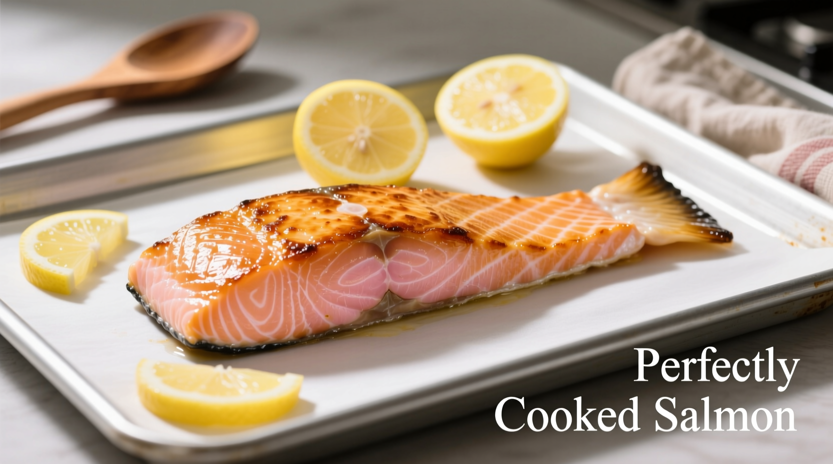 Perfectly cooked salmon fillet on baking sheet with lemon