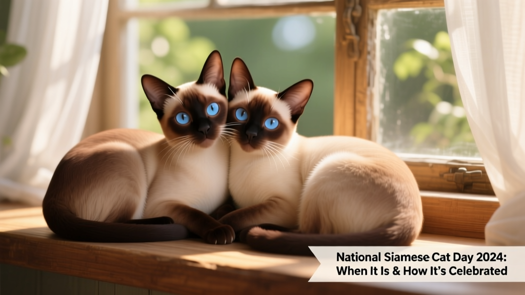 Two Siamese cats curled together on a sunlit windowsill, showcasing their classic seal-point markings and expressive faces