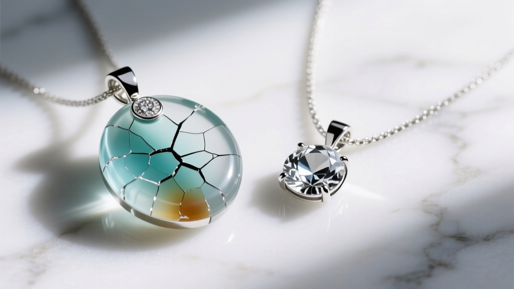 Macro shot of a cracked resin mood pendant next to a pristine glass-set sterling silver mood necklace on a white marble surface