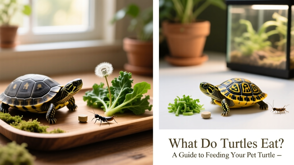 Side-by-side comparison showing appropriate food portions for an adult turtle (small handful of greens + one pellet + one cricket) versus a hatchling (finely chopped greens + juvenile pellet + tiny cricket)