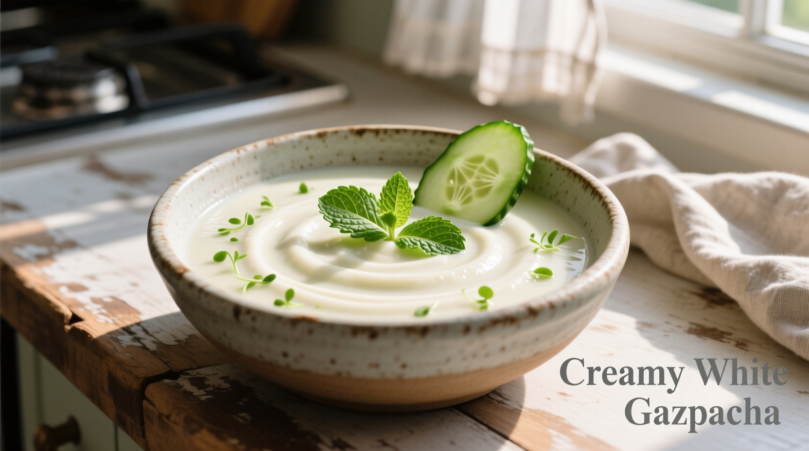 Creamy white gazpacho in bowl with cucumber garnish