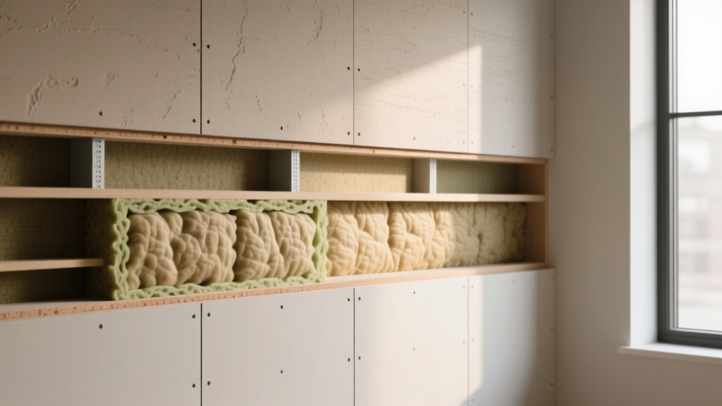 Modern wall assembly cross-section showing formaldehyde-free mineral wool insulation, low-VOC drywall, and natural clay plaster finish