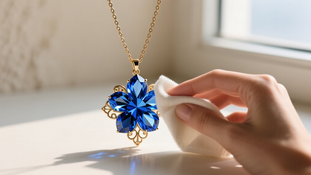 Hands gently wiping a vibrant blue Mariana crystal flower pendant with a dry microfiber cloth, avoiding the delicate brass chain.