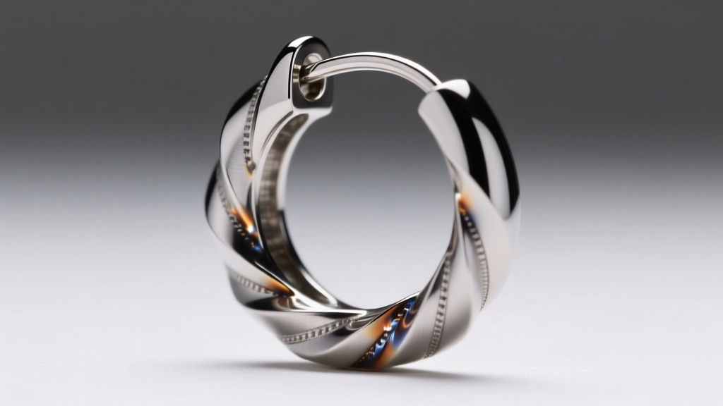 Macro shot of a laser-welded titanium jump ring connecting a 16-gauge flail earring hinge, showing smooth seamless metalwork.