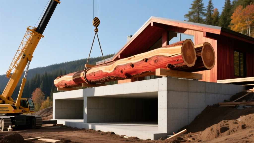 Crane lifting massive Western Red Cedar log trusses onto a poured concrete walkout basement foundation for a custom cabin build