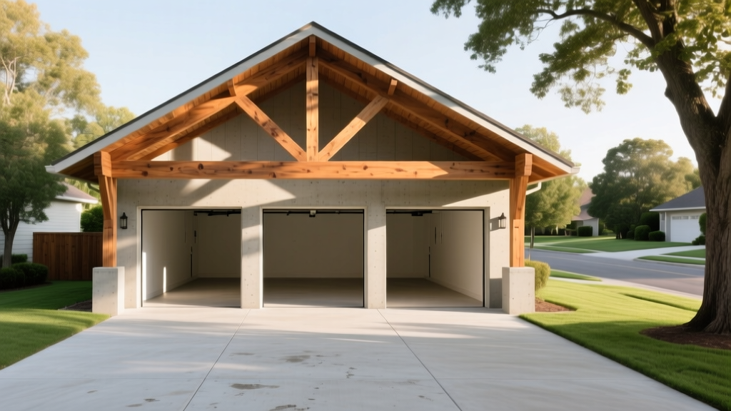 Framed 36x24 foot three car garage with exposed wooden trusses, concrete slab foundation, and three open bays on a residential lot