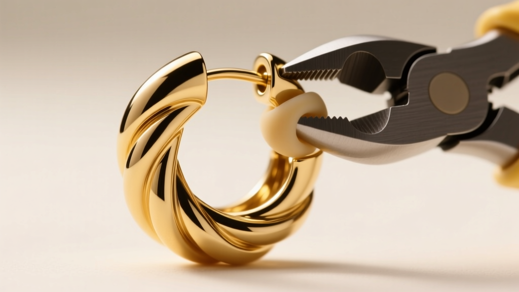 Macro shot of a gold-plated fake helix earring adjustable tension band being gently squeezed with silicone-tipped jewelry pliers.