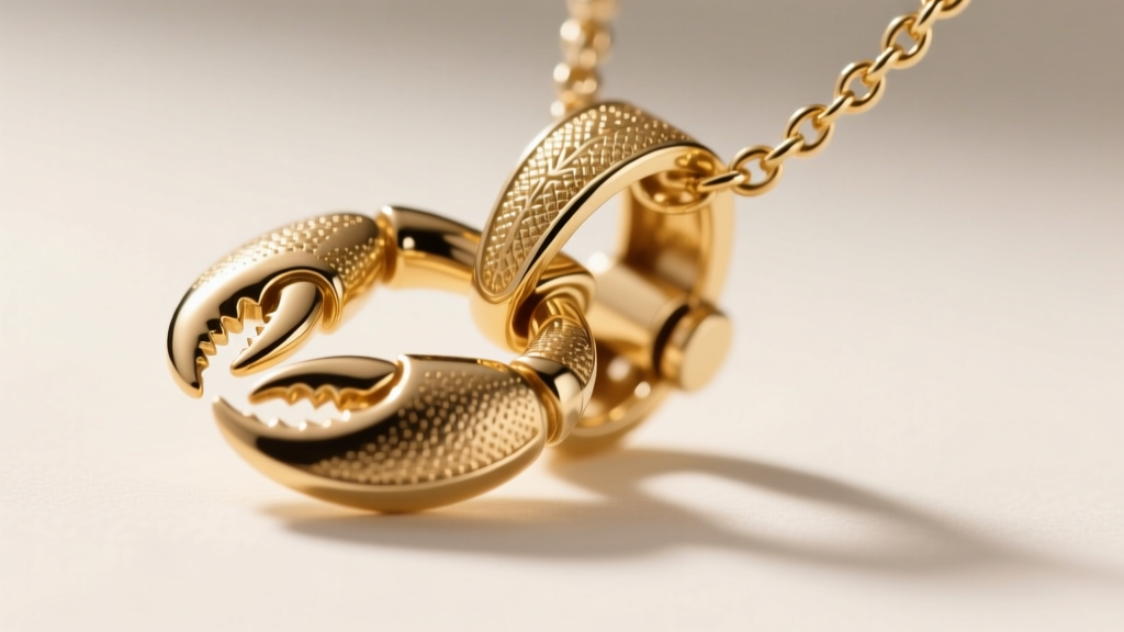 Macro shot of a Lucerne pendant necklace clasp, revealing the 14k gold vermeil texture and secure lobster claw mechanism.
