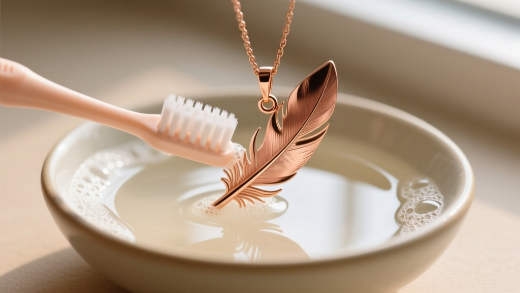 A soft-bristled baby toothbrush gently cleaning the crevices of a rose gold necklace feather in a bowl of warm, mild soapy water.