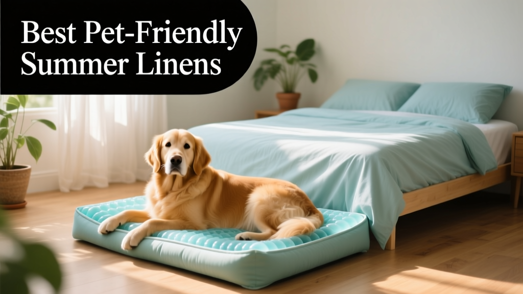 A golden retriever resting comfortably on a cooling gel bed beside a bed dressed in light blue eucalyptus sheets, both bathed in soft morning light