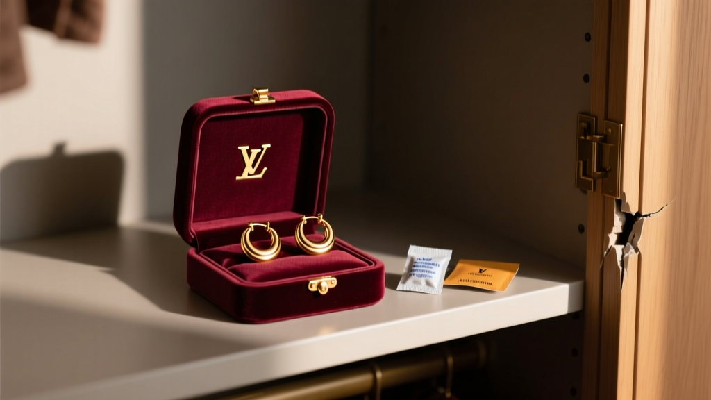 Open velvet LV jewelry box with hoop earrings, resting next to a silica gel packet and an anti-tarnish strip inside a dim closet.