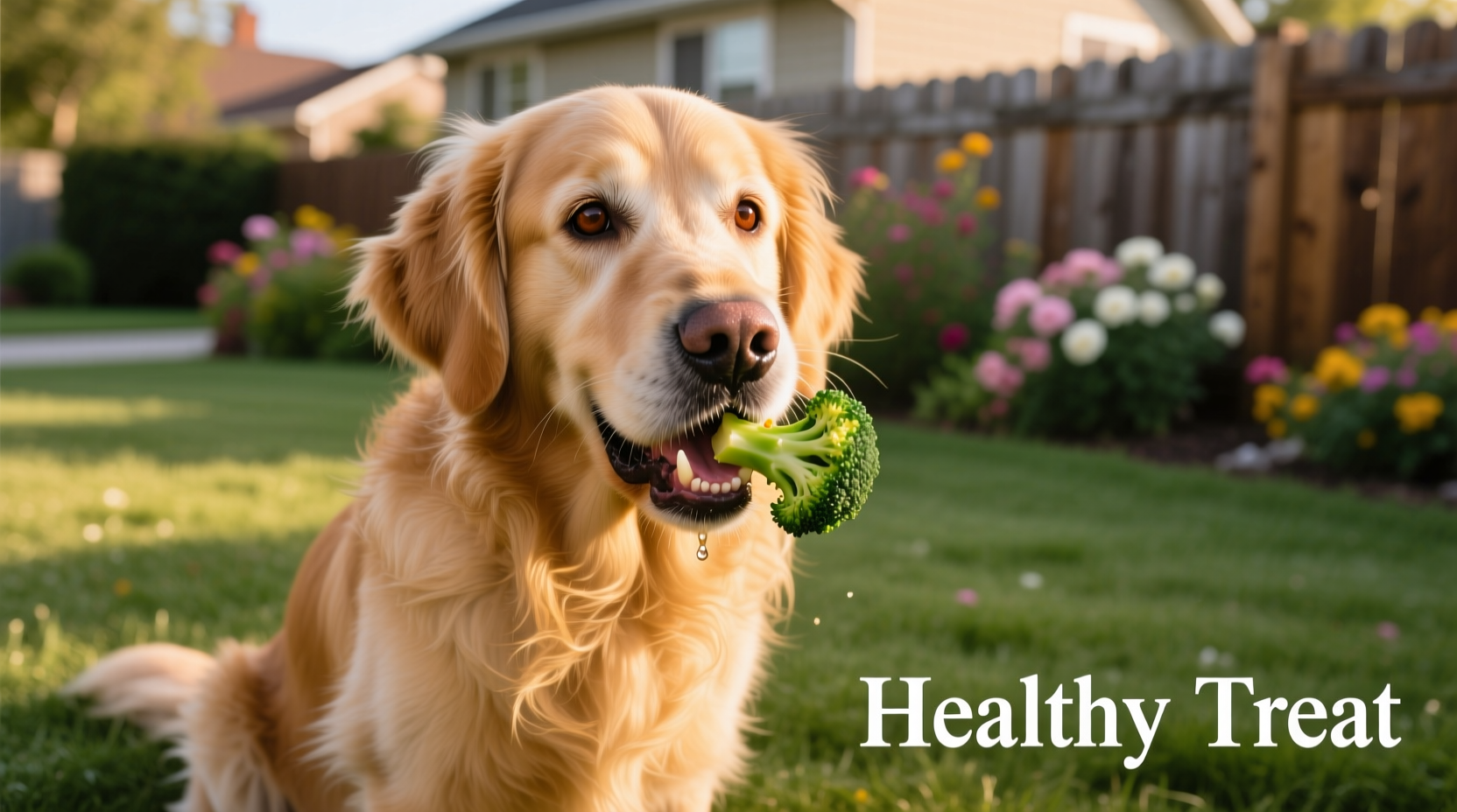 Golden Retriever eating small piece of cooked broccoli