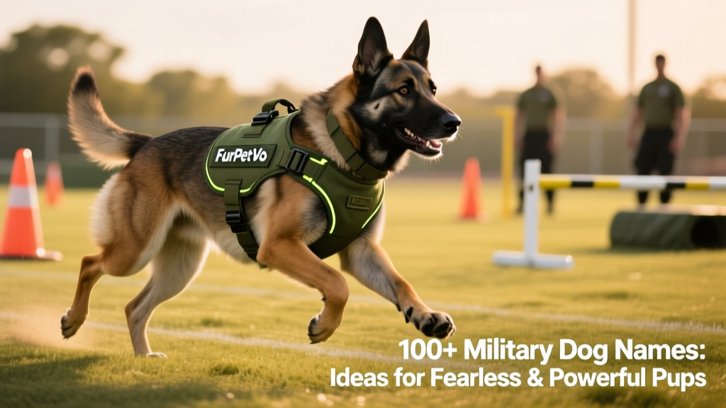 A muscular male K9 unit dog mid-stride on a training field, wearing a FurPetVo tactical harness