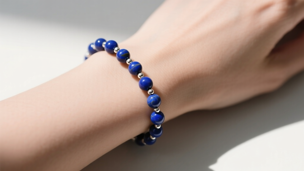 Woman wearing a minimalist sterling silver rosary bracelet with 4mm lapis lazuli beads, photographed from a top-down wrist angle.