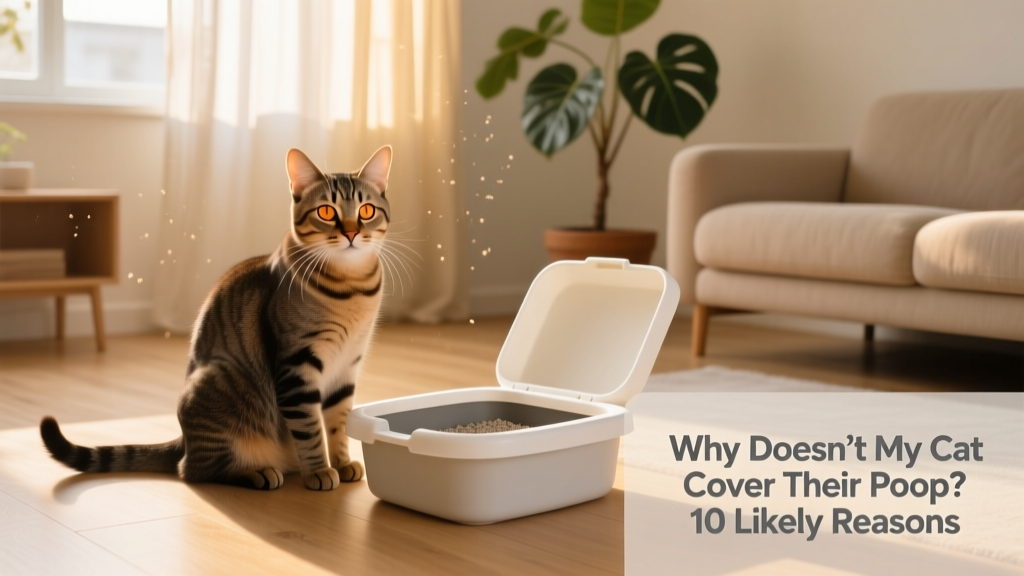 Calm, confident cat sitting beside a tidy, open-top litter box in a sunlit living space