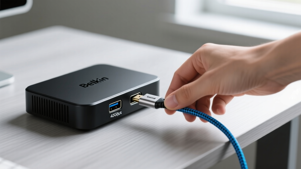 Hands plugging an active Thunderbolt 4 cable into the rear 40Gbps port of a black Belkin docking station on a minimal desk