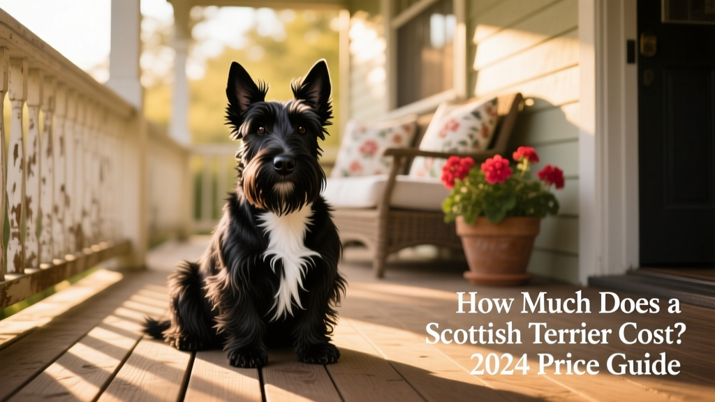 A well-groomed Scottish Terrier sitting confidently on a sunlit porch