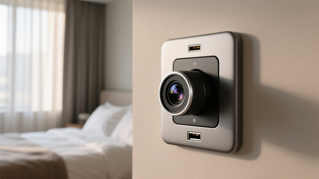 Covert USB wall charger camera plugged into a bedroom outlet, featuring a hidden lens for discreet room security monitoring
