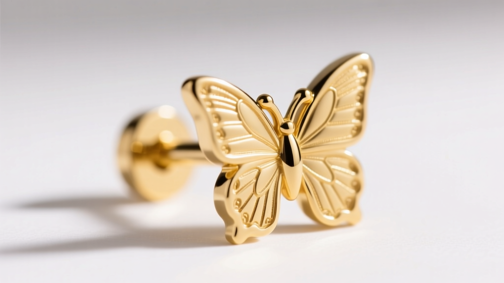 Macro shot of an 18k yellow gold earring post and butterfly backing, showing precise stamping and high polish under soft lighting