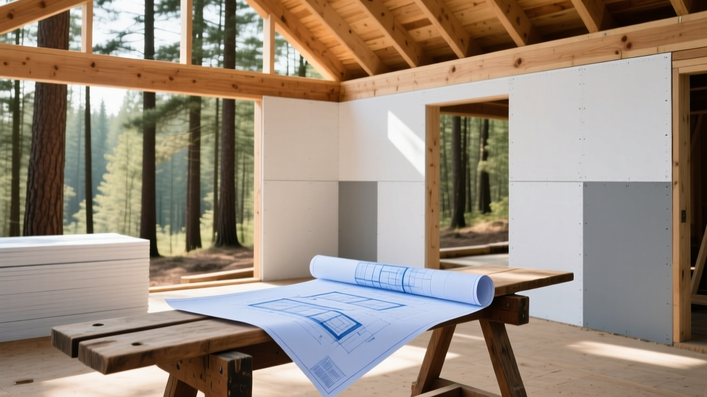 Small woodland cabin under construction showing exposed timber trusses, structural insulated panels, and rolled blueprints on a sawhorse.
