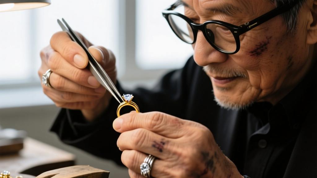 Extreme close-up of a jeweler's loupe inspecting a tiny 750 hallmark stamp laser-engraved on the clasp of an 18k gold necklace