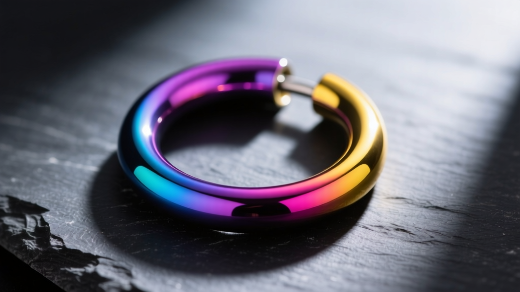 Macro shot of a 16-gauge titanium clicker hoop with an anodized rainbow gradient on dark slate under dramatic side lighting