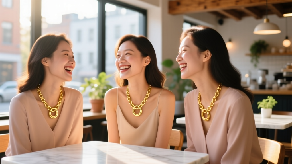 Three women laughing at a cafe wearing delicate 14k gold interlocking circle necklaces, warm sunlight highlighting the pendants.