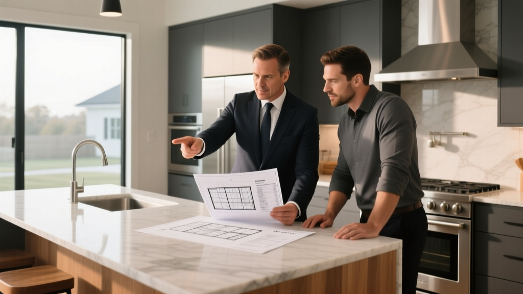 Financial advisor reviewing bathroom remodel blueprint and contractor invoice with homeowner at kitchen island, pointing at labor line items