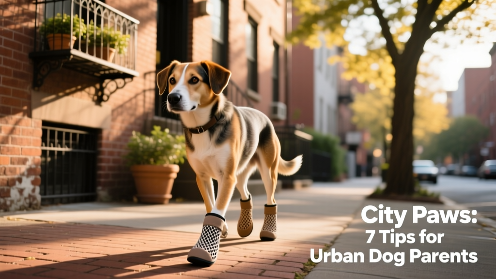 Dog wearing breathable booties walking on shaded brick sidewalk beside a city building