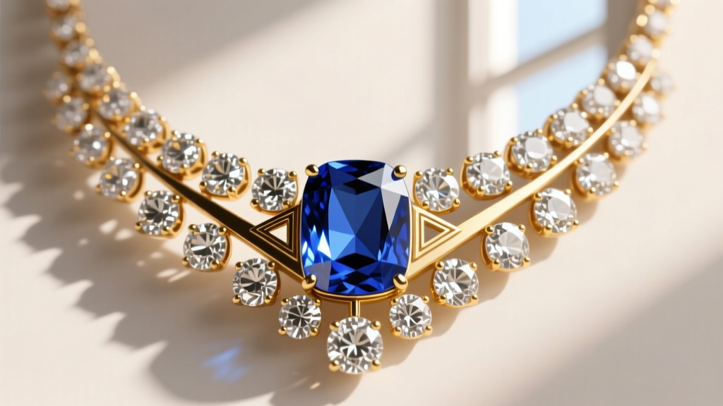 Close-up of an Art Deco antique sapphire necklace with calibré-cut unheated blue sapphire and old European cut diamonds.
