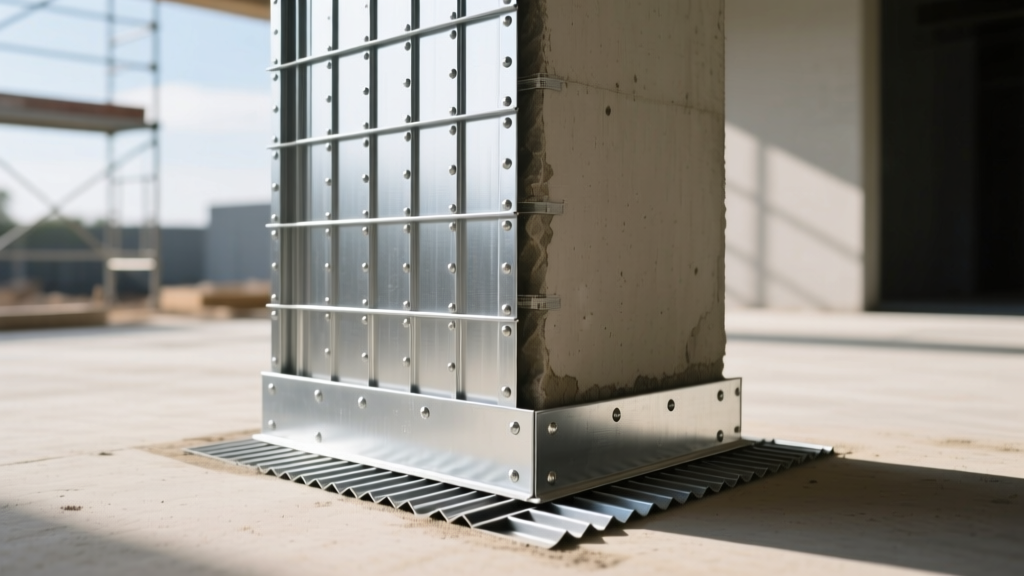 Close-up of galvanized steel lath and weep screed being installed on a square exterior framed column before stone veneer application