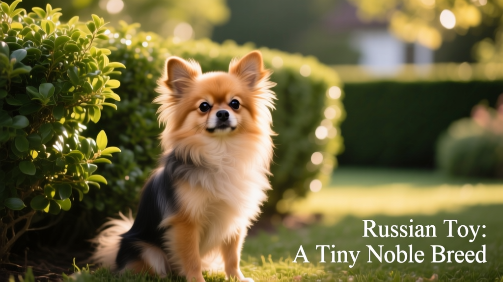 A Russian Toy dog sitting in front of green bushes, one of the newest breeds selected by AKC