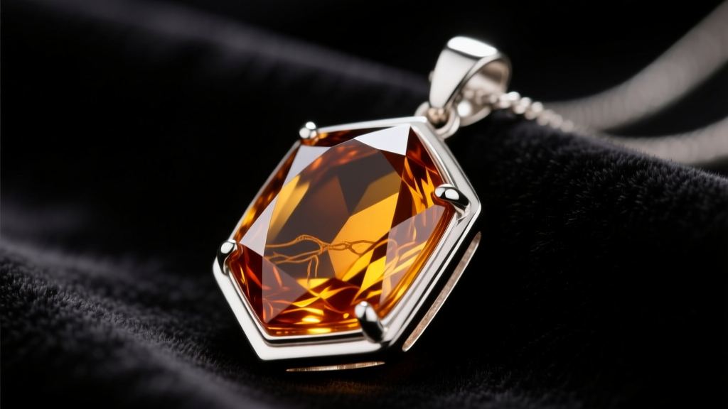 Close-up of a polished cognac house amber necklace pendant in sterling silver, resting on dark velvet with soft studio lighting.
