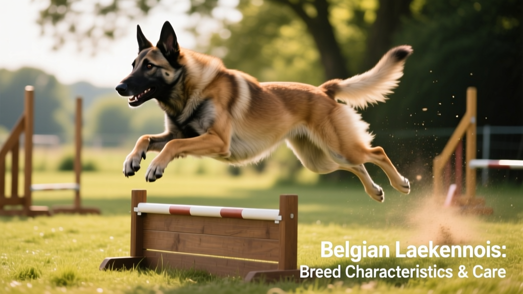A Belgian Laekenois engaged in agility training—leaping over a low hurdle with focused expression and athletic form