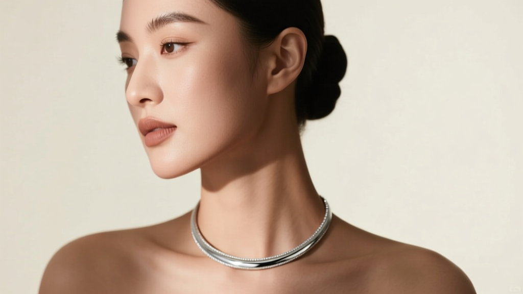 Elegant woman wearing a high-polish platinum pendant necklace, soft studio lighting highlighting the flawless metal against her collarbone.