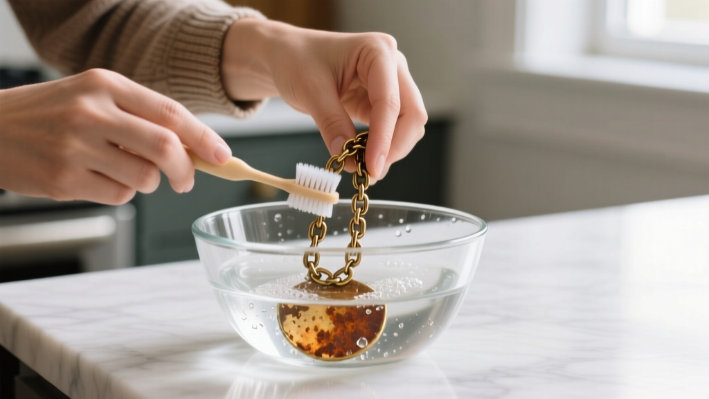 Hands gently scrubbing an oxidized brass necklace chain with a soft baby toothbrush and mild soapy water in a clear glass bowl.